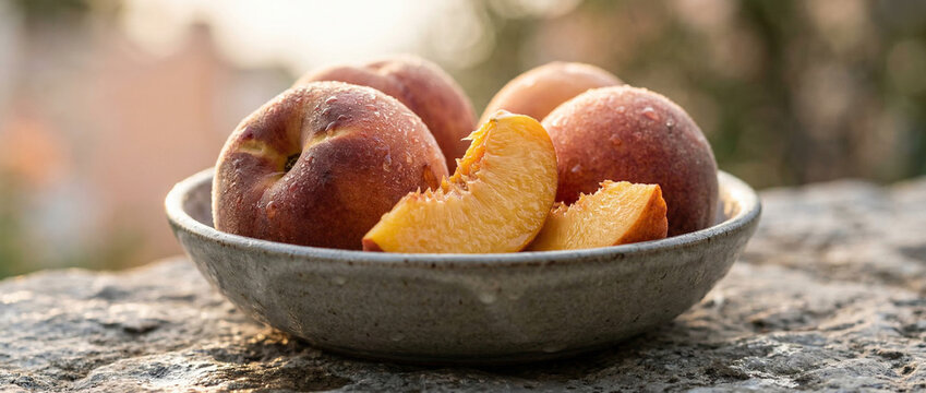 Flat peaches in ceramic bowl with sliced pieces in soft light