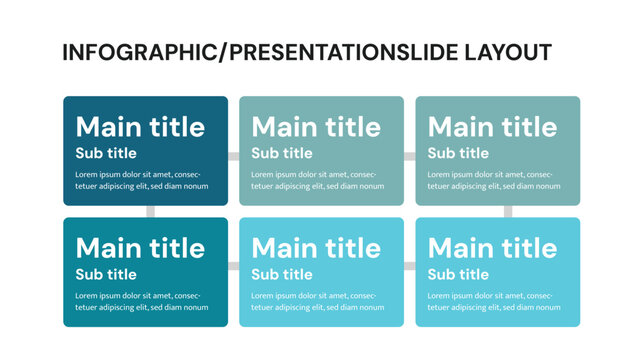Modular presentation slide layout with six connected title blocks