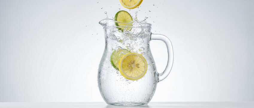 Citrus slices splashing into clear glass pitcher of water