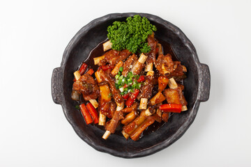 돼지고기의 갈비의 등 쪽에 붙어 있는 부분. 또는 등에 붙은 갈비. The part of pork ribs attached to the back. Or ribs attached to the back.  © jinho Park