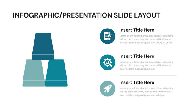 Stacked trapezoid shapes next to three circles with icons and text