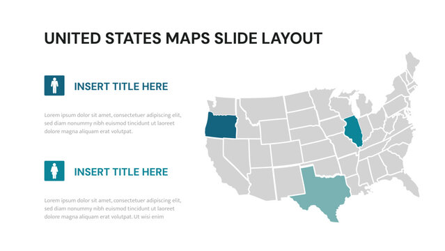 United States map presentation slide layout highlighting specific states for data visualization