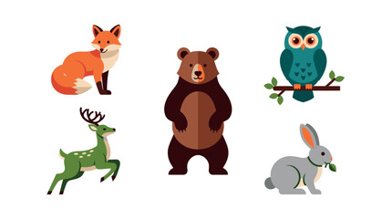 Obraz premium A collection of six cartoon forest animals including a fox, bear, owl, deer, and rabbit, depicted in a flat design style on a white background.