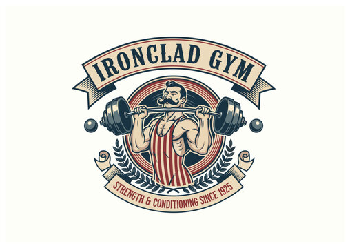 Vintage-style Ironclad Gym logo featuring a strongman with a mustache lifting a barbell, surrounded by a circular emblem, banners, and laurel wreaths.