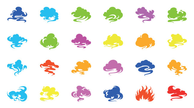 A vibrant collection of 25 stylized, colorful cloud and smoke-like graphic elements, arranged in a 5x5 grid.