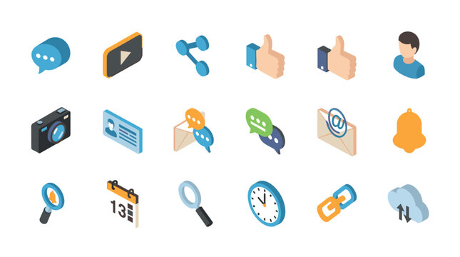 A collection of isometric 3D icons representing various social media, communication, and web application functions, including chat, video, share, like, profile, camera, calendar, and search.