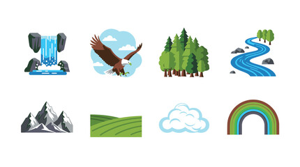 Fototapeta premium Collection of natural landscape elements and weather phenomena including a waterfall, flying eagle, forest, river, mountains, hills, cloud, and rainbow.