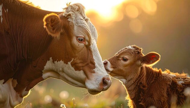 Mother Cow and Calf Embrace in Golden Sunset Light.