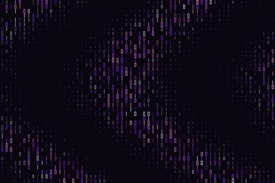 Cybersecurity Data Breach Concept with Purple Binary Code Stream on Dark Background