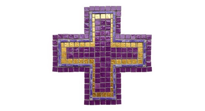 Mosaic purple cross with gold outline.
