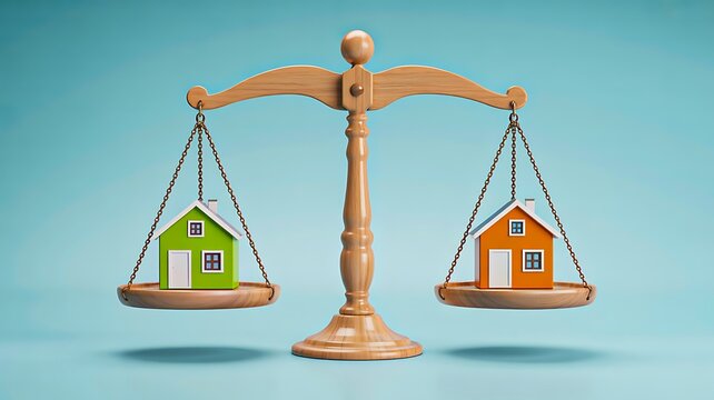 Balance scale with houses representing real estate comparison and property investment concept
