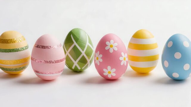 Brightly painted Easter eggs with stripes, dots, and floral patterns arranged in a row on a clean white background, symbolizing festive spring celebration and decoration.