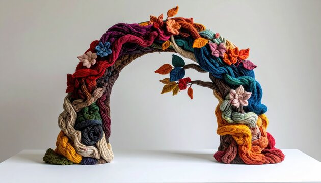 Whimsical Clay Archway Sculpture with Colorful Foliage and a Seated Figure.