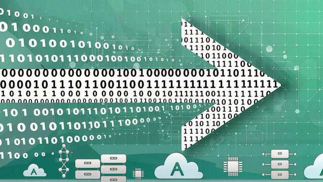 A large arrow made of binary digits points right against a green grid background with digital and cloud computing icons below.