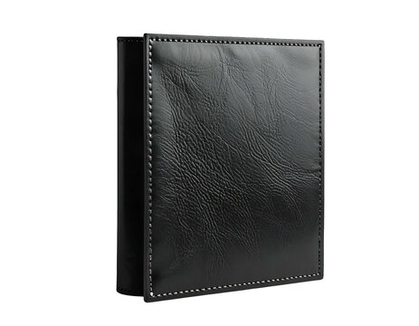 Sleek black faux leather-bound binder with stitched edges, isolated on black