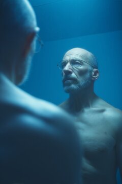 Hombre adulto calvo con barba mirando espejo reflexivo, Retrato masculino de alta gama con introspecci&oacute;n profunda, Imagen para campa&ntilde;a de salud mental o bienestar personal