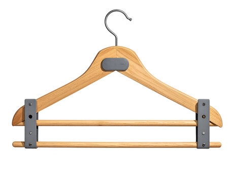 Wooden clothes hanger with metal accents and double bar for hanging pants