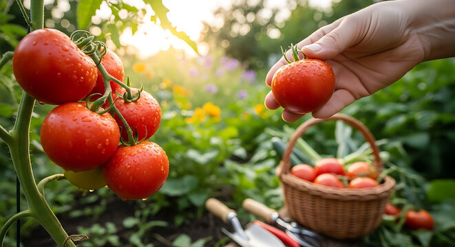 Person picking fresh garden tomatoes for a healthy meal