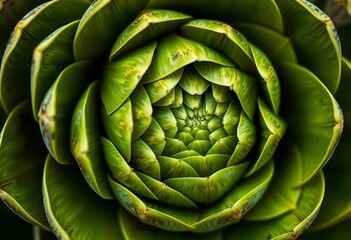 Fototapeta premium Close-up of artichoke revealing intricate spiral pattern of overlapping bracts, tone, artichoke