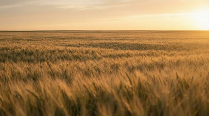 Fototapeta premium A vast wheat field bathed in warm golden light during sunset, with the sun low on the horizon and a soft sky above.