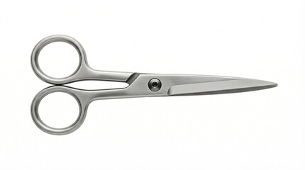 Shiny stainless steel scissors with sharp blades and ergonomic handles, isolated on white. Essential cutting tool for crafts, office, and home