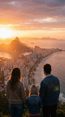 Fototapeta premium A family of three stands on a hilltop overlooking a coastal city and beach at sunset, with warm sunlight illuminating the skyline and ocean.