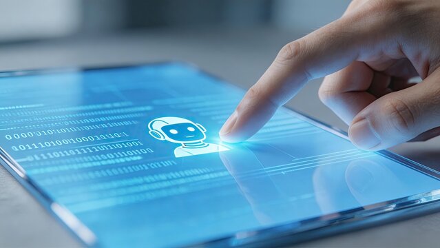 Finger touching tablet screen displaying robot icon and binary code artificial intelligence interface digital technology concept futuristic automation system smart device interaction tech innovation