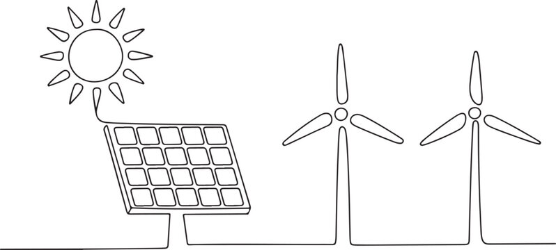 Sun Solar Panel and Two Wind Turbines Line Art Keywords: solar energy, wind energy, renewable