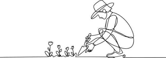 Fototapeta premium Gardener Tending to Multiple Flowers in Continuous Line Art