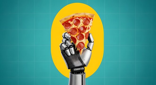 Robotic hand holding a slice of pepperoni pizza