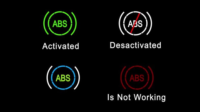 ABS System Status Indicators. Activated, Deactivated And Malfunction Warning Icons Animation isolated on black background.  Anti-lock Braking System. 