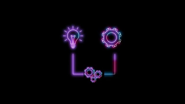 Creative Idea  Glowing Neon  Light Bulb with And Gear Icons On Dark Background. System Workflow,  process, automation, and idea development 