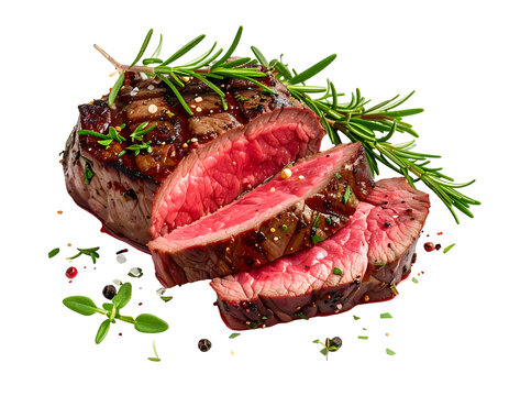 Perfectly grilled, juicy steak sliced to reveal a vibrant red center, adorned with herbs
