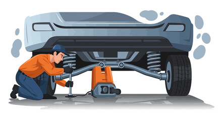 Naklejka premium Car mechanic skillfully lifting a vehicle with a hydraulic jack for repair maintenance