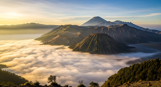 Active Mount Bromo volcano at sunrise with sea of clouds in Java