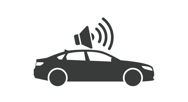 Car silhouette displays loud sound notification above its roof.