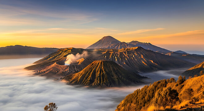 Spectacular mountain landscape with active volcanoes and clouds
