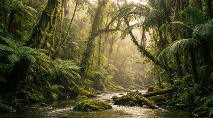 A serene tropical rainforest scene featuring a flowing stream surrounded by dense, lush green vegetation and tall trees covered in moss under soft, diffused sunlight. © Video80X