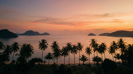 Obraz premium Scenic tropical beach at sunset with silhouetted palm trees in the foreground and distant islands across calm water under a colorful sky.