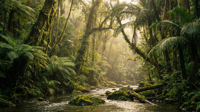 A serene tropical rainforest scene featuring a flowing stream surrounded by dense, lush green vegetation and tall trees covered in moss under soft, diffused sunlight.