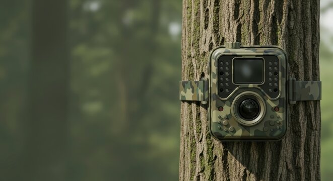 Wildlife camera trap on tree trunk.