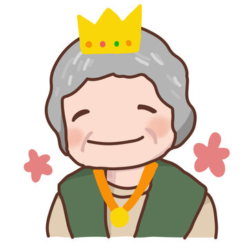 誕生日・記念日の主役！王冠を被った、かわいいおばあちゃんのイラスト