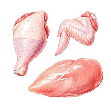 Meticulously composed raw chicken pieces rendered as a detailed watercolor illustration, focusing on glossy skin texture and raw meat grain, educational food art concept