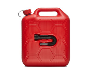 Czerwony plastikowy pojemnik, baniak na białym tle. © piotrszczepanek