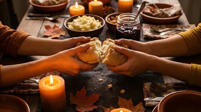 An intimate moment as hands break bread over a Thanksgiving feast, bathed in the warm glow of candlelight