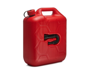 Czerwony plastikowy pojemnik, baniak na białym tle. © piotrszczepanek