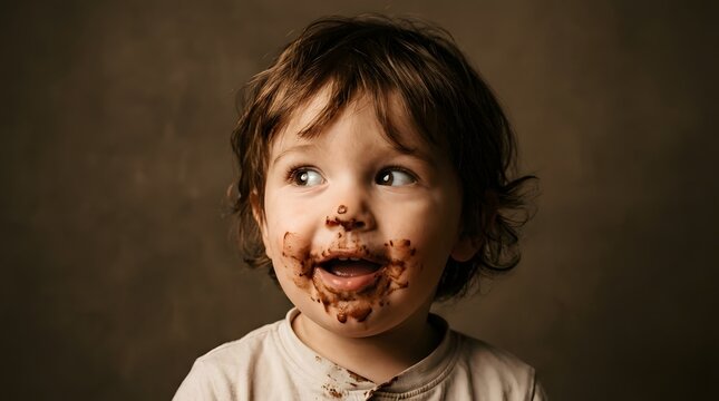 A child's face is covered in chocolate, a portrait that speaks of playful and messy delights. A moment of pure joy after an indulgence