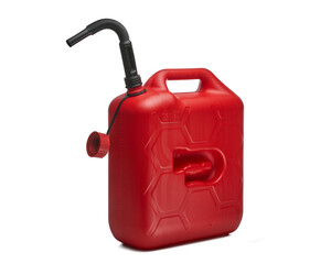 Czerwony plastikowy pojemnik, baniak na białym tle. © piotrszczepanek