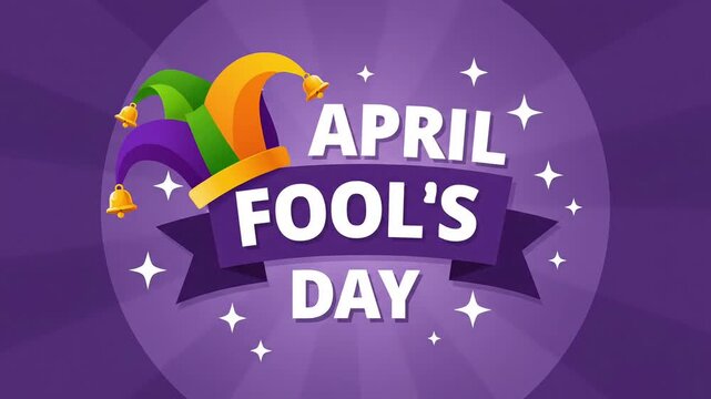 Vibrant April Fool's Day graphic with jester hat and purple background for business use