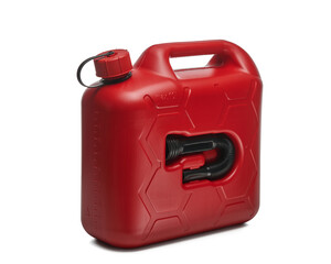 Czerwony plastikowy pojemnik, baniak na białym tle. © piotrszczepanek